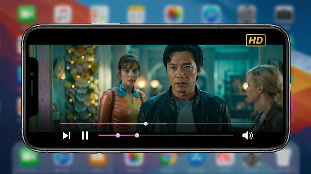 画面主体为炫彩新视听(Flowery Media Player)在手机上的播放界面,手机横屏显示一部高清电影,画面色彩鲜艳,播放器控制栏简洁,包含播放/暂停、进度条、音量图标,右上角有“HD”标识,背景为模糊的桌面壁纸,界面布局干净,排版紧凑,风格写实,细节丰富,画质清晰,干净无多余元素