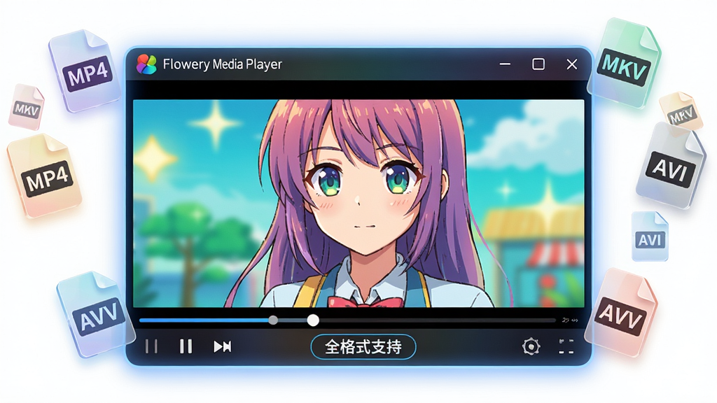 画面主体为炫彩新视听(Flowery Media Player)的播放窗口,正在播放一部色彩鲜艳的动漫影片,画面中漂浮着多种视频格式的文件图标,如MP4、MKV、AVI,图标呈半透明状环绕在播放器四周,播放器边框散发柔和蓝光,底部控制条上显示“全格式支持”字样,布局集中,排版有序,风格简洁明快,细节精致,画质清晰,干净无多余元素