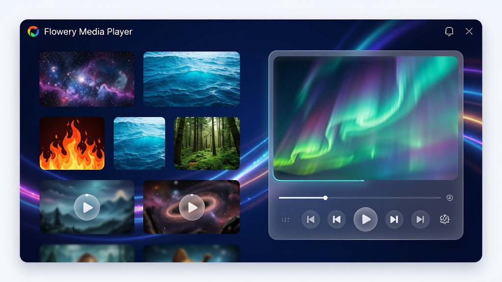 画面主体为炫彩新视听(Flowery Media Player)的皮肤切换界面,左侧排列着多个不同风格的缩略图主题卡片,有星空、火焰、海洋、森林等,右侧是播放器实时预览窗,当前选中一套极光渐变主题,界面背景为深蓝色搭配流动的彩色光带,播放控件呈半透明磨砂质感,布局清晰,排版整齐,风格绚丽,细节丰富,画质细腻,干净无多余元素