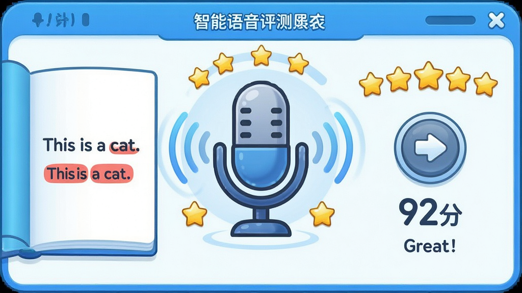 ���壺��ͨ�����������������棬������һ��������˷�ͼ�꣬��Χ�����ŷ������κ��������ǡ����֣����Ϊ�α����䡰This is a cat.�����Ҳ�Ϊ¼����ť�����ֽ����92�֡����Ű棺�����࣬�����Ǽ��ý�ɫ����չʾ�����󵥴ʺ�ɫ�������񣺿Ƽ�����ͯȤ��ϣ�������ɫ����ϸ�ڣ���˷�������������������·��С�Great!���������֡����ʣ����壬�ɾ����޶���Ԫ�ء�