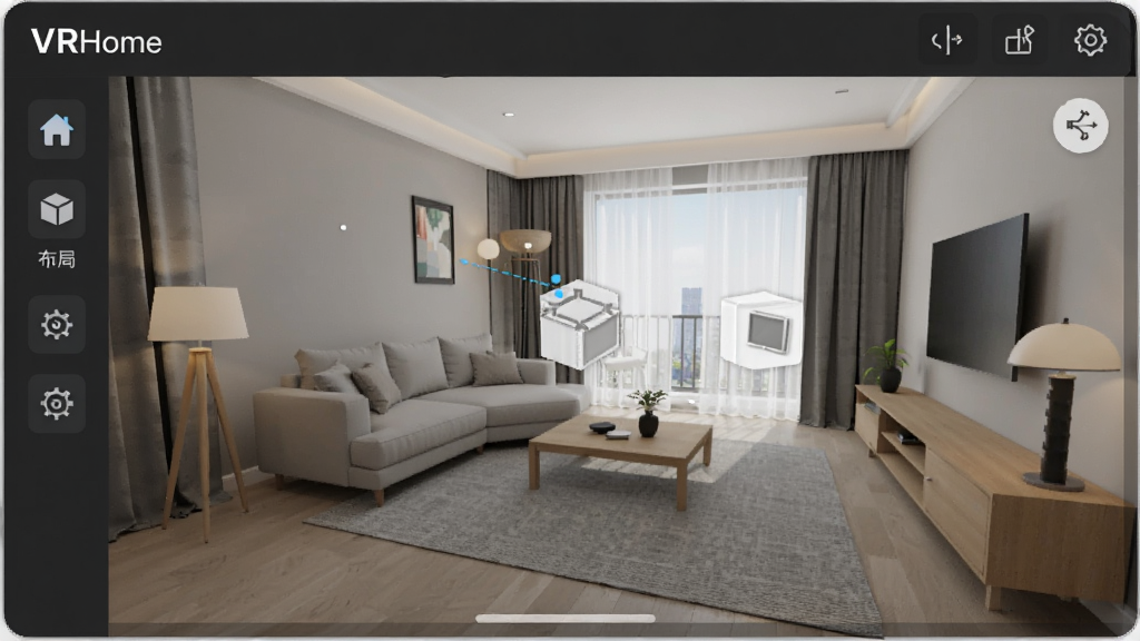 ������ʵ��װƽ̨��VRHome�����ܲ��ֽ��棬��ק�Ҿ�ģ�ͣ�ʵʱ��ȾЧ���������࣬ͼ���������ִ�������ƣ����廭�ʣ��޶���Ԫ��
