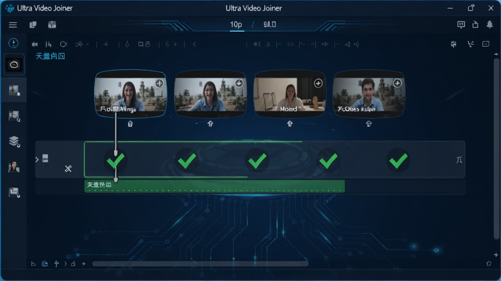 չʾUltra Video Joiner����ϲ����̵Ľ��棬������ʾ�����ƵƬ�����ڱ�����ϲ�������������ʾ��ɫ�Թ���ʾ����״̬������Ϊ����ɫ�Ƽ��н��棬ϸ�ڷḻ����������
