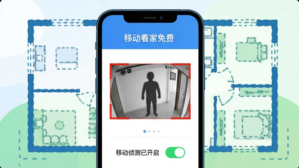 �廭���ʾ��ͼ������չʾһ���ֻ�����Ļ���ǡ��ƶ�������ѡ�Ӧ�õľ���֪ͨ���档����������ʾһ�Ŵ���ɫ���ߵļ��ץ��ͼƬ����������һ�������������ֻ���Ļ�·��С��ƶ�����ѿ���������ɫ����״̬������Ϊ���󻯵ļ�ͥסլƽ��ͼ�������߹��ճ����䡣���岼����������������죬����ɫ����ɫΪ��ɫ�������ʸɾ��޶���Ԫ�ء�