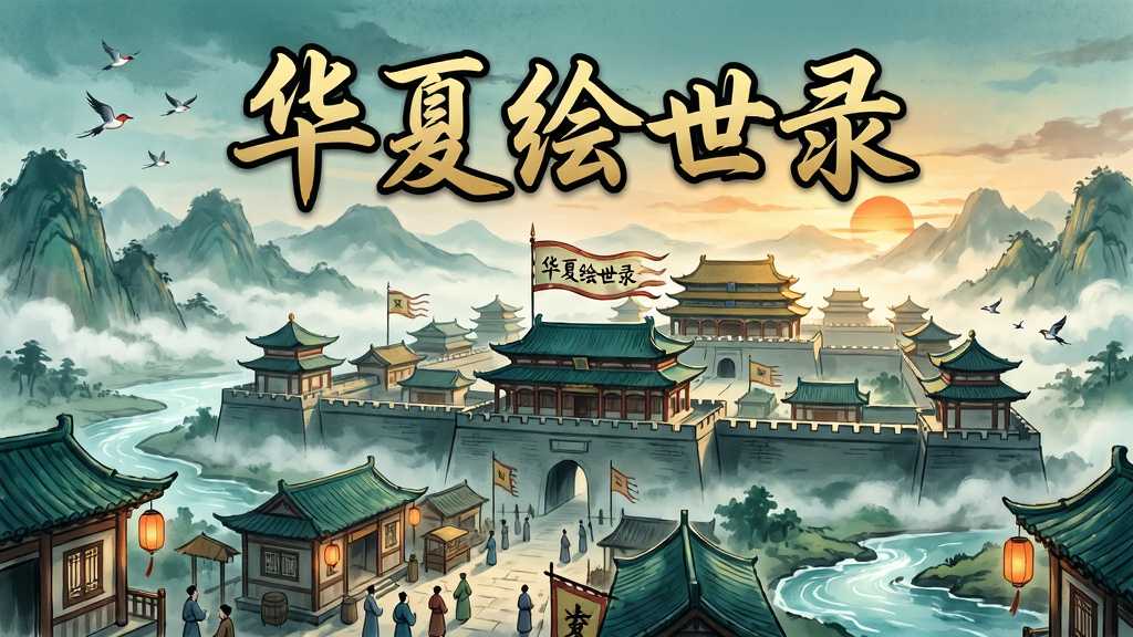 画面主体为一座宏伟的古代中国城池,在云雾缭绕的山水间矗立,城楼上飘扬着“华夏绘世录”字样的旗帜。布局采用俯瞰视角,前景是繁忙的街道和行人,中景是层层叠叠的宫殿楼阁,背景是远山和落日。排版上,将“华夏绘世录”五个大字置于画面顶部中央,采用书法字体,金色描边。整体风格为水墨国风,色彩以青绿和金色为主,细节处有飞鸟、灯笼、流水等元素,画质细腻干净,无多余杂物。