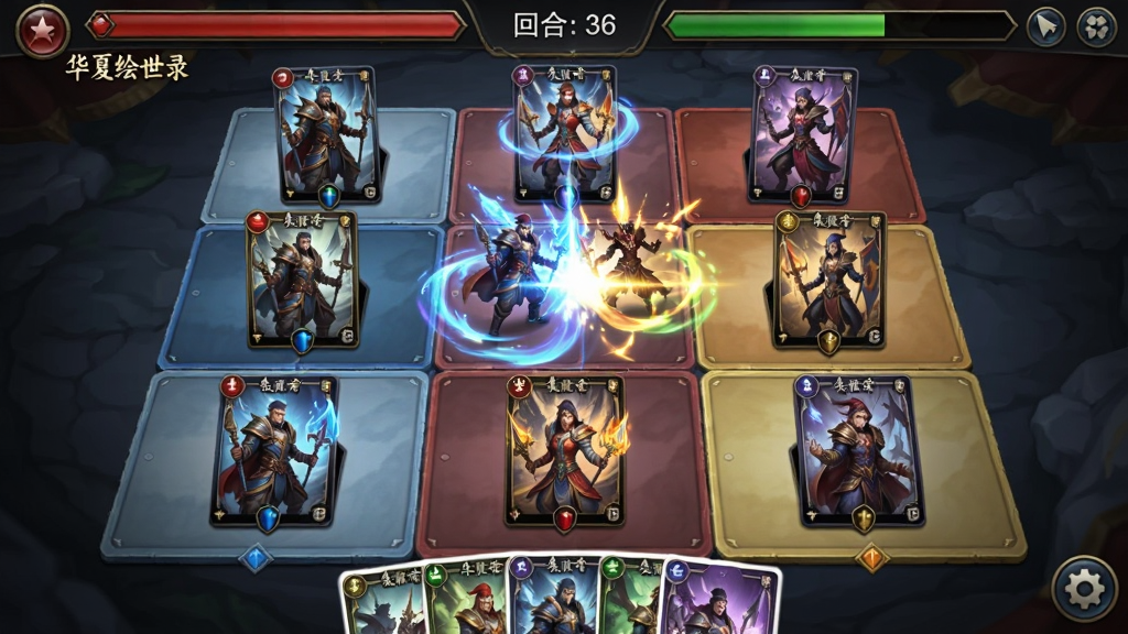 画面主体为“华夏绘世录”卡牌对战界面,九宫格战场上分布着不同阵营的卡牌角色,卡牌发出技能光效。布局采用对战视角,我方卡牌在下方,敌方在上方,中央为战斗特效。排版上,界面顶部显示双方血条与回合数,底部为手牌区域。风格为游戏UI截图风格,色彩鲜明,细节清晰,画质干净,无多余元素。