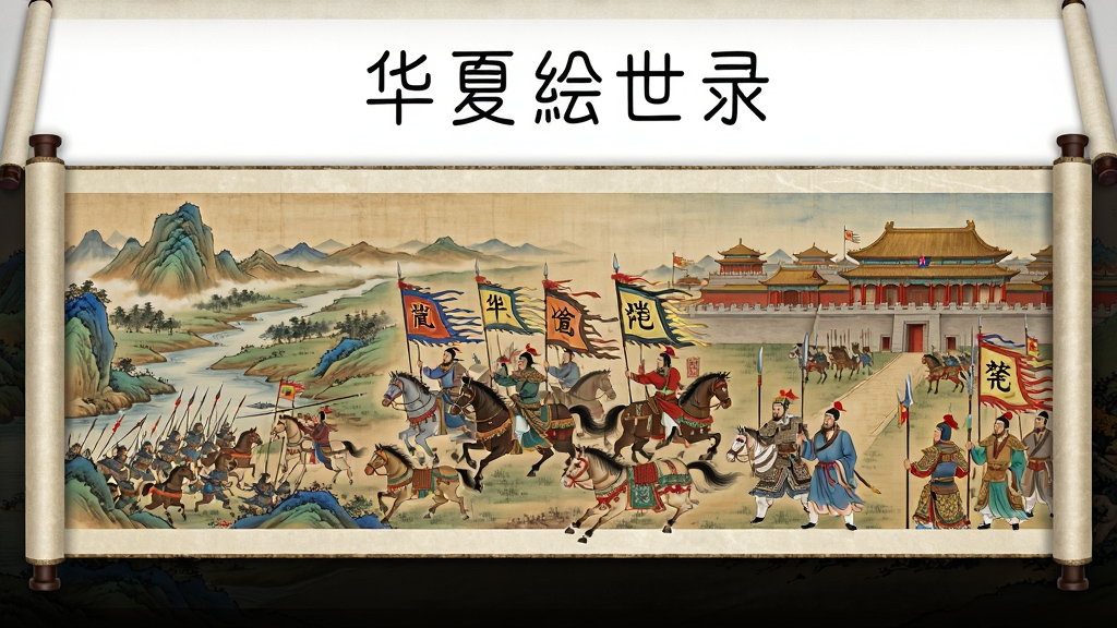 画面主体为展开的古代画卷,画卷上描绘着“华夏绘世录”的战争场景与人物群像。布局采用横向长卷式构图,从左至右依次展现山河、军队、宫殿。排版上,画卷上方留白处用篆体书写“华夏绘世录”字样。风格为工笔重彩,细节丰富,人物衣纹、旗帜、兵器清晰可辨,画质细腻干净,无多余元素。