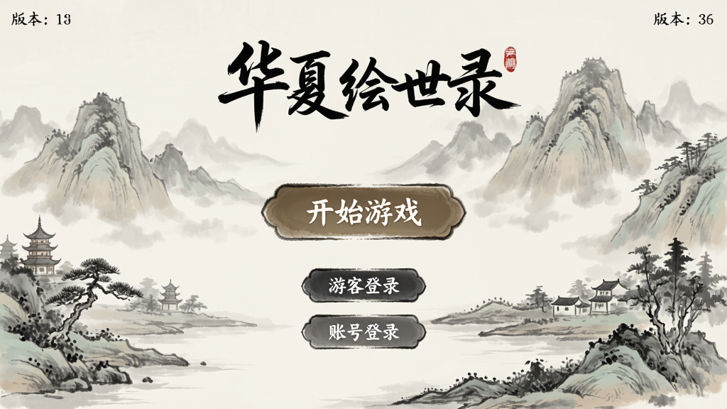 画面主体为“华夏绘世录”游戏登录界面,背景为古代山水画,中央有“开始游戏”按钮。布局采用居中构图,按钮下方有“游客登录”、“账号登录”选项。排版上,游戏LOGO位于画面上方,版本号显示在角落。风格为水墨风,色彩淡雅,细节干净,无多余元素。