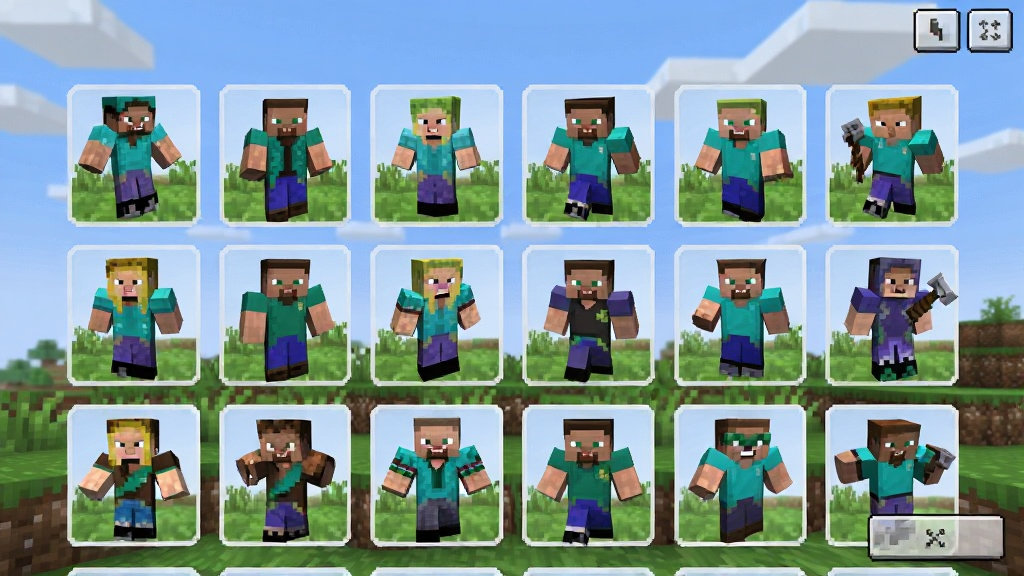 ���壺Minecraft ����ʽƤ��Ӧ�ý��棬չʾ����Ƥ������ͼ�����֣��������У�����Ϊ��Ϸ���ݷ��������죻�Ű棺Ƥ��ͼ�������������У������ࣻ������¿�ͨ��ɫ��������ϸ�ڣ�Ƥ����ɫ��̬չʾ��UI��ť���������ʣ�������Ⱦ���ɾ��޶���Ԫ��