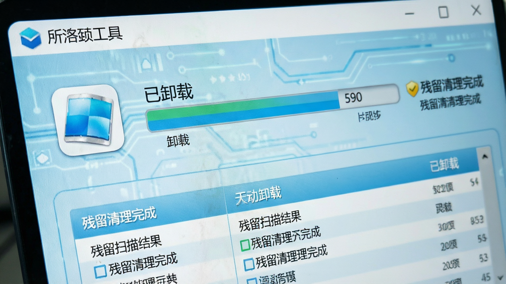 Uninstall Tool����������д����ʾ����ж�ؽ������Ͳ���ɨ�����б������汳��Ϊǳ��ɫ�Ƽ����ͼ�����������ֱ�ע����ж�ء��͡�����������ɡ�������ɾ���ϸ�ڷḻ���޶���Ԫ��