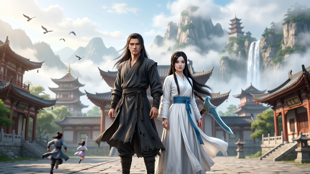 主体:神雕侠侣游戏主城场景,杨过与小龙女并肩而立,背景是终南山全貌,云雾缭绕。布局:人物居中,身后是宏伟的古建筑群,前方有玩家角色奔跑。排版:横幅构图,人物占画面三分之一,场景细节丰富。风格:写实古风,色彩明快,光影柔和。细节:人物衣袂飘飘,建筑雕梁画栋,远处有飞鸟与瀑布。画质:8k高清,干净无多余元素。