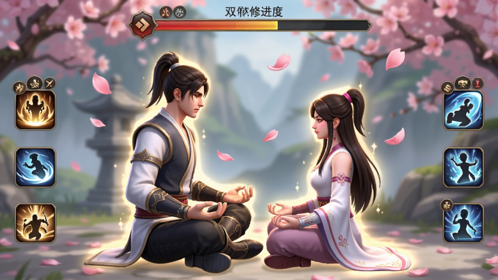 主体:神雕侠侣游戏侠侣双修界面,一男一女两个角色面对面打坐,周围有粉色桃花飘落。布局:双人居中,头顶显示双修进度条,两侧有技能图标。排版:竖版截图风格,人物占主体,背景虚化。风格:唯美浪漫,色彩柔和。细节:角色身上有微光特效,桃花瓣飘落,界面简洁。画质:高清渲染,干净无多余元素。