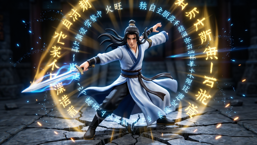 主体:神雕侠侣游戏角色施展自创武功,金色光效与蓝色剑气交织,周围有文字飘动。布局:角色居中,动作定格,技能特效呈放射状。排版:动态姿势,特效占据画面中心。风格:炫酷华丽,高对比度。细节:角色衣袂翻飞,地面有裂痕,空气中弥漫能量粒子。画质:极致特效,干净无多余元素。