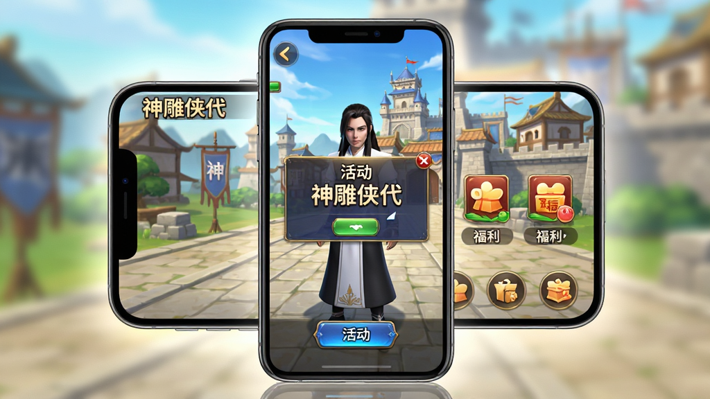 主体:手机屏幕显示神雕侠侣游戏主界面,有活动弹窗和福利图标。布局:手机居中,屏幕内容清晰可见,周围有柔和光影。排版:竖屏展示,界面元素完整。风格:现代简洁,色彩鲜艳。细节:屏幕中角色站立,按钮发光,背景是游戏主城。画质:清晰干净,无多余元素。