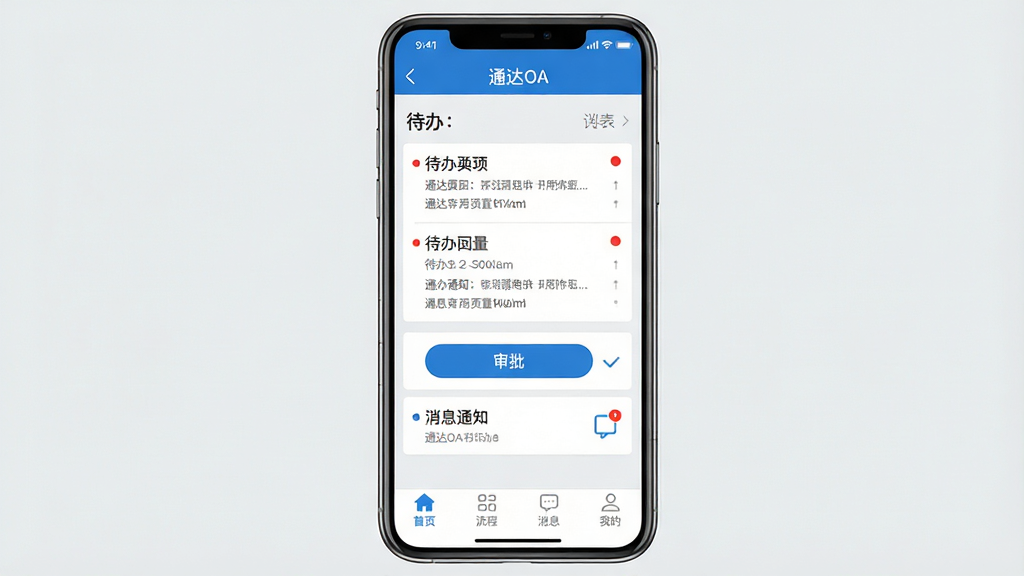 ���壺�ֻ���Ļ��ʾͨ��OA�ƶ��˽��棬���������б���������ť����Ϣ֪ͨͼ�ꣻ���֣��ֻ�����չʾ������Ԫ�ش�ֱ���У��Ű棺�����б�ʽ���֣��ײ��С���ҳ�������̡�����Ϣ�����ҵġ��ĸ���ǩ����񣺱�ƽ����ƣ���ɫ���⣻ϸ�ڣ���Ļ�Ϸ���ʾ��ͨ��OA�����������������ú����ʾ������Ϊǳ��ɫ�����ʣ����壬�ɾ����޶���Ԫ��