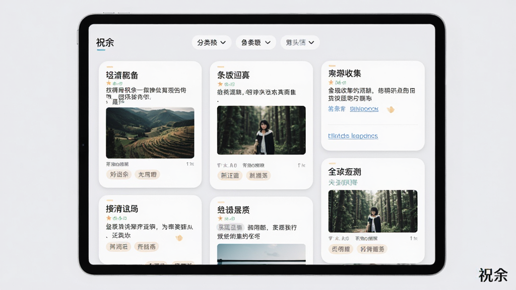 主体:祝余APP的知识收集界面,展示多个卡片式笔记,包含文字、图片和链接。布局:平板电脑横屏展示,背景为浅灰色,界面采用瀑布流布局,卡片错落有致。排版:每张卡片有标题、摘要和标签,顶部有分类筛选栏,整体布局简洁。风格:现代简约风,卡片圆角,阴影柔和,色彩淡雅。画质:清晰锐利,整洁,无多余元素,屏幕角落有“祝余”logo。