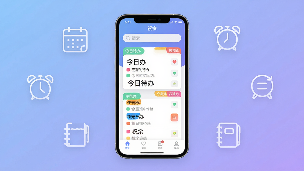 主体:祝余APP的界面展示,手机屏幕占据画面中心,界面显示清晰的日程列表和彩色标签。布局:手机竖屏居中,背景为柔和的渐变蓝紫色,周围点缀简约的线条图标如日历、闹钟、笔记本。排版:手机界面内信息分层明确,顶部有搜索栏,中部有今日待办卡片,底部有导航栏。风格:扁平化UI设计,色彩清新明快,细节圆润。画质:高清渲染,干净,无多余元素,文字标注“祝余”字样。