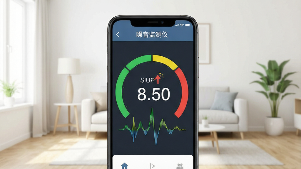 主体为手机屏幕显示噪音监测仪主界面,界面中央有大型分贝数值显示,周围有动态波形图与绿色/黄色/红色分区提示,背景为简洁的室内客厅场景,光线明亮,布局干净,风格为扁平化UI设计,细节包括数值跳动、波形起伏,画质清晰干净,无多余元素,屏幕内显示“噪音监测仪”字样
