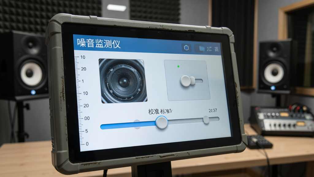 主体为噪音监测仪校准界面,屏幕显示标准声源与校准滑块,背景为录音棚或实验室环境,有隔音棉、音响设备,布局简洁,风格写实,细节包括刻度线、滑块移动,画质清晰,无多余元素,屏幕内显示“噪音监测仪”