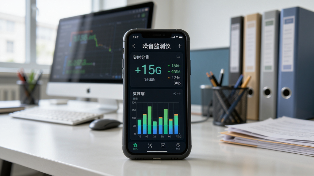 主体为噪音监测仪测量场景,手机置于桌面,屏幕显示实时分贝数值与柱状图,背景为办公室环境,有电脑、文件等元素,布局以手机为中心,周围留白,风格写实,细节包括数值变化、图表动态,画质干净,无多余元素,屏幕内显示“噪音监测仪”