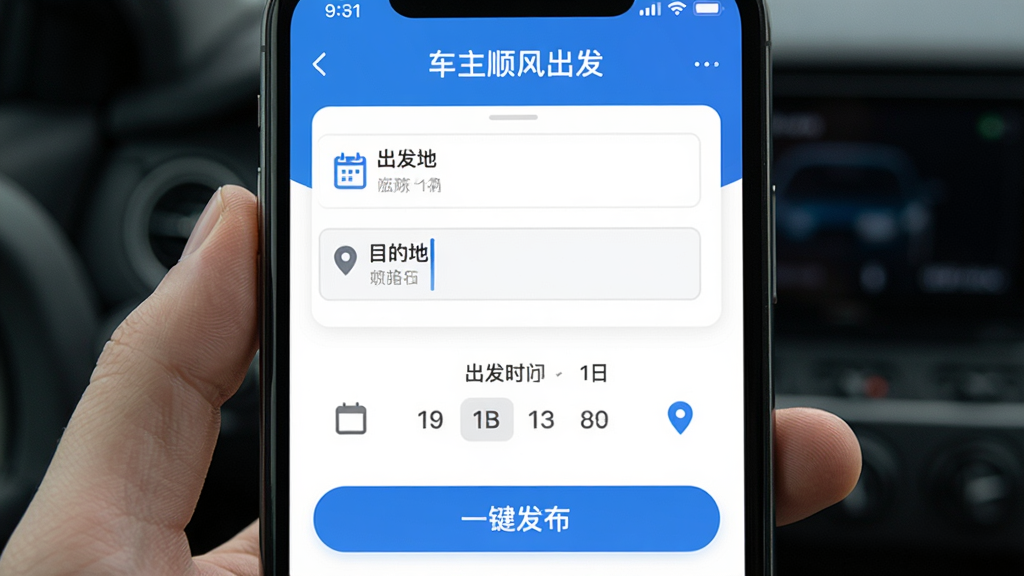 ��������Ϊ�ֻ�APP�����г�ҳ�棬�����С�����˳����������֣��м�Ϊ�����ء�Ŀ�ĵ�������·�Ϊ����ʱ��ѡ�����롰һ����������ť�������������У��Ű��࣬������£�ϸ�ڰ�������ͼ���붨λͼ�꣬���ʸ��壬�ɾ����޶���Ԫ�ء�
