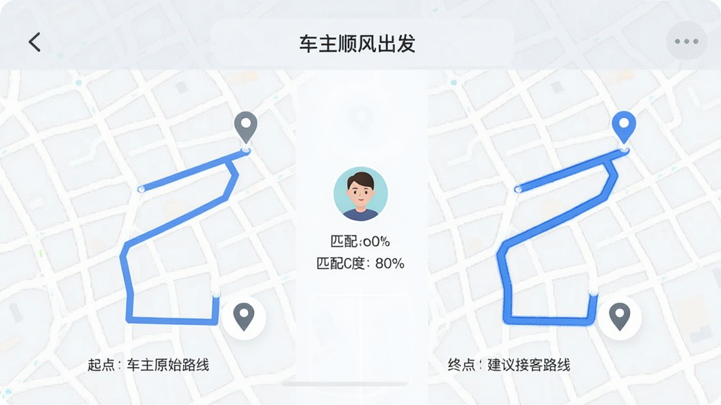 ��������Ϊ�ֻ�APP��·��ƥ����棬��ʾ������˳�����������������·�߶Ա�ͼ��һ��Ϊ����ԭʼ·�ߣ���һ��Ϊ����ӿ�·�ߣ�����ɫ������ע���м��г˿�ͷ����ƥ��Ȱٷֱȣ��������ҶԳƣ��Ű�������������ִ���ϸ�ڰ�������յ��ǣ����ʸ��壬�ɾ����޶���Ԫ�ء�