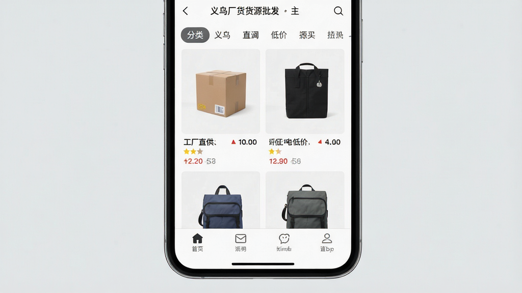 一张展示义乌工厂货源批发APP主界面的手机截图,界面清晰显示商品瀑布流、分类导航栏和底部功能按钮,背景为整洁的浅灰色,整体风格简洁商务,突出“工厂直供、源头低价”字样,画质高清,干净无多余元素