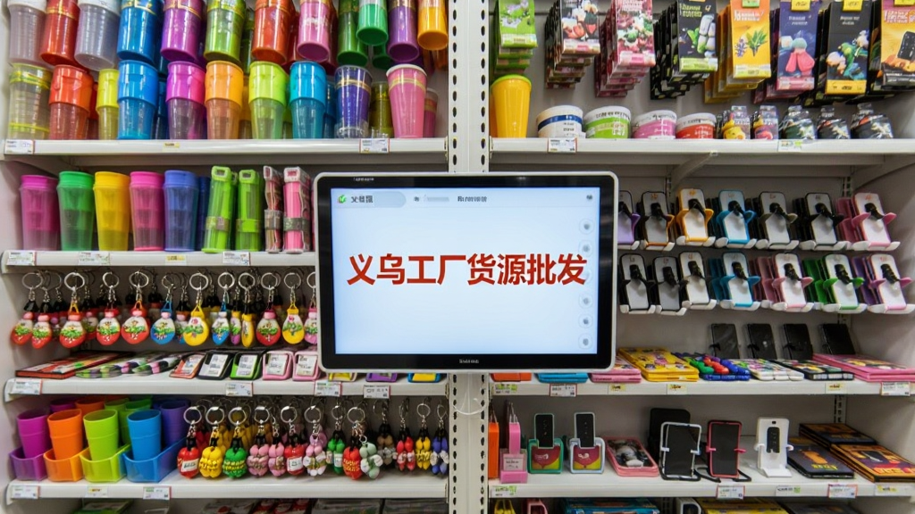 一张义乌小商品市场陈列架的照片,货架上摆满各类彩色小商品,如塑料杯、钥匙扣、手机支架等,画面中央有一个电子屏显示“义乌工厂货源批发”的界面,整体布局整齐,色彩鲜艳,画质细腻,无多余杂物