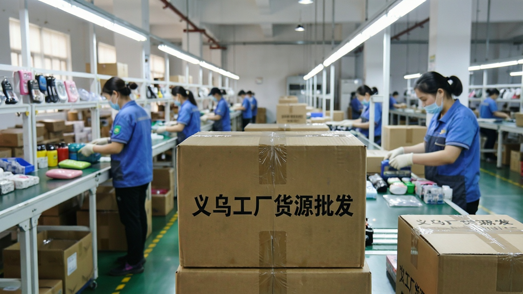 一张义乌工厂车间内部的实拍图,工人们正在流水线上生产小商品,镜头聚焦在打包好的货箱上,印有“义乌工厂货源批发”字样,画面明亮,体现源头直供的真实感,画质清晰,无多余元素