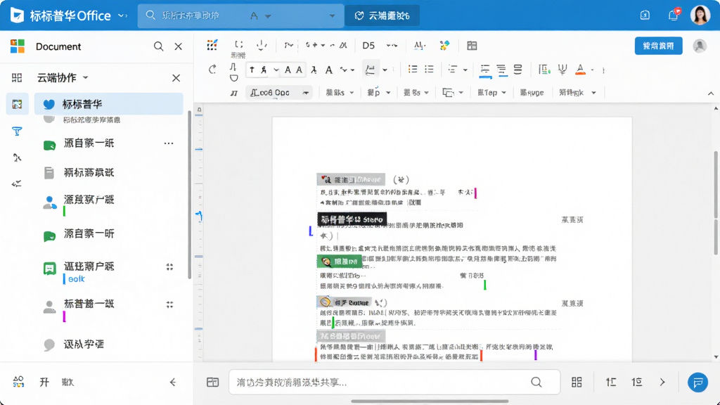 չʾ�б��ջ�Office���ƶ�Э�����棬���Ϊ�ĵ��б����Ҳ�Ϊ����ͬʱ�༭���ĵ�ҳ�棬��ͬ�û��Ĺ���Բ�ͬ��ɫ������ʾ���ײ���������������������£�ͻ��Э���빲�����ܣ����ʸɾ��޶���Ԫ��