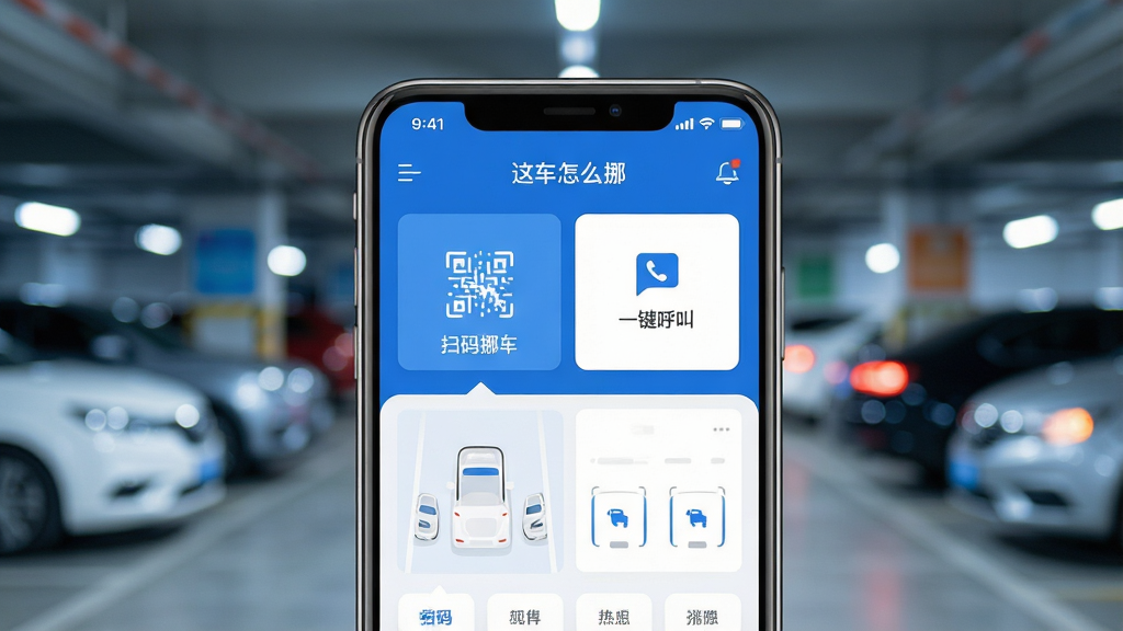 主体为一部智能手机屏幕特写,屏幕内展示「这车怎么挪」应用主界面,界面布局清晰,顶部有醒目的“扫码挪车”与“一键呼叫”两大功能按钮。背景为模糊处理的现代城市停车场环境,有车辆与灯光光斑。整体风格为扁平化UI设计,色彩以蓝色与白色为主色调,给人科技、简洁、可靠的感觉。画面细节丰富,手机屏幕内容锐利清晰,画质干净,无多余元素。