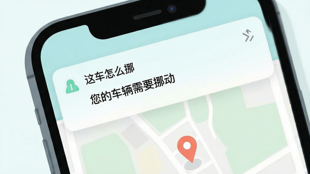 主体为手机界面展示「这车怎么挪」的通知栏消息,显示有“您的车辆需要挪动”的推送详情,并伴有地图定位点。画面布局为手机UI界面特写,背景简洁。风格为现代感强的扁平化插画风,颜色清新淡雅,突出信息提示的即时性与直观性。画质干净,无多余元素。