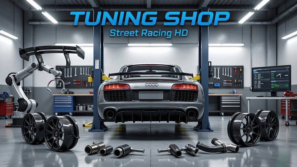 ���壺һ�������ĸ�װ�����ڣ�һ������ɫ�µ�R8ͣ������������ϣ���Χ�ڷ��Ÿ�����챡�β�������������������ǽ�Ϲ������ߣ��ƹ����������֣��������У����Χ�Ƴ����ʻ��ΰڷţ���������ڰ�װ̼��άβ���Ļ�е�ֱۣ��ұ�����ʾ������ʾ�Ÿ�װ�������Ű棺���涥����������ɫ�Ƽ������塰TUNING SHOP�����·�С�֡�Street Racing HD�������дʵ3D��Ⱦ����ҵ�У������ʸУ�����ͨ͸��ϸ�ڣ�����ϵ�����������̼��ά�����ɼ��������з��⡣���ʣ�8K��ϸ�ڷḻ���ɾ��޶���Ԫ�ء�
