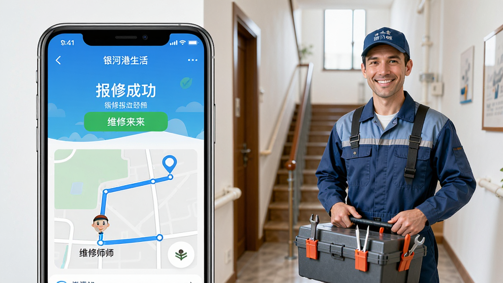 一张展示“银河港生活”APP报修服务的场景图,画面左侧为手机界面,显示“报修成功”和维修师傅正在赶来的路线图,右侧为一位穿着工作服的维修师傅拿着工具箱微笑,背景为社区楼道,整体风格写实,色彩明亮,画质干净,无多余元素