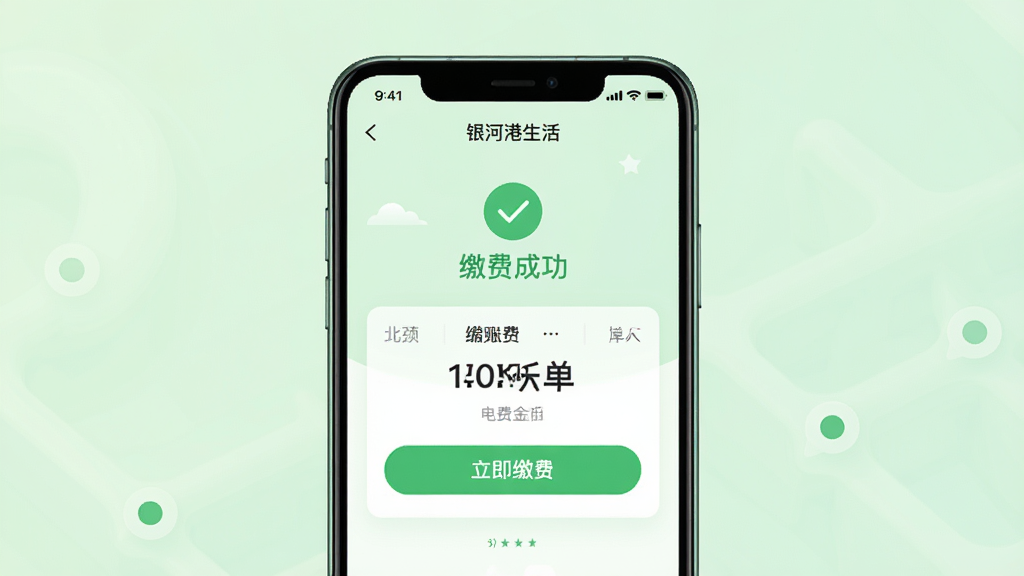 一张展示“银河港生活”APP缴费功能的界面设计图,界面中央显示电费账单金额和“立即缴费”按钮,背景为淡绿色,配有对勾图标和“缴费成功”字样,整体风格清新,排版简洁,画质干净,无多余元素