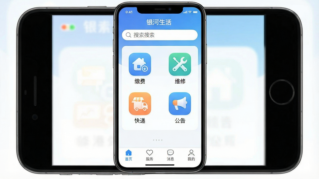 一张展示“银河港生活”APP主界面的高清截图,界面包含顶部搜索栏、中部功能图标(缴费、维修、快递、公告)、底部导航栏(首页、服务、消息、我的),整体采用蓝白渐变色风格,布局清晰,图标圆润,画质干净,无多余元素