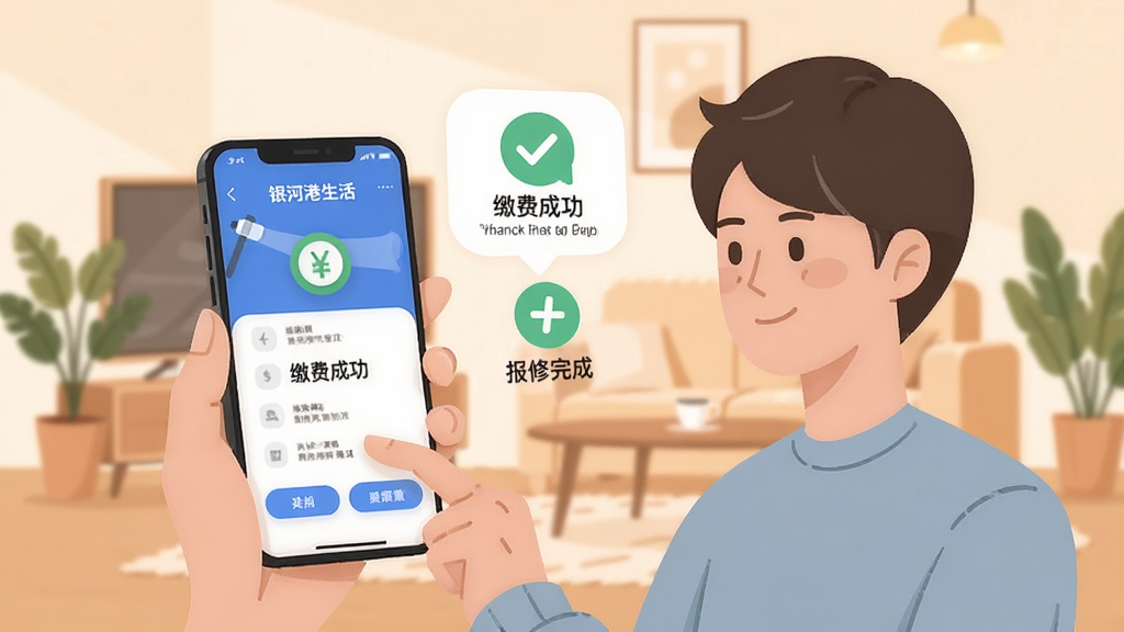 一张展示“银河港生活”APP使用场景的插画,画面中一位年轻人在手机上操作App,旁边有缴费成功和报修完成的提示图标,背景为简约的客厅环境,色调温馨,风格扁平化,画质干净,无多余元素