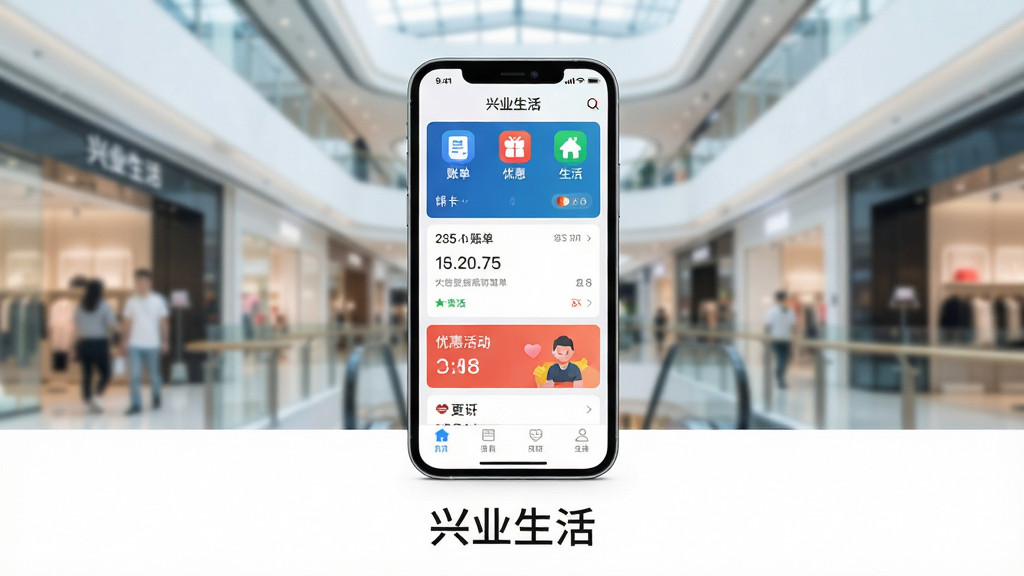 主体:智能手机屏幕展示兴业生活APP界面,屏幕上显示信用卡账单和优惠活动信息,背景是模糊的现代城市购物中心。布局:手机居中,屏幕内容清晰可见,周围留白,下方有“兴业生活”字样。排版:简洁构图,手机屏幕为主要视觉焦点。风格:科技感、商务风、明亮通透。细节:屏幕中显示“账单”、“优惠”、“生活”等图标,光线柔和。画质:超高清,干净,无多余元素。