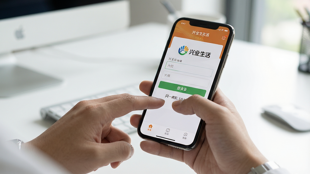 主体:用户手持手机操作兴业生活APP,屏幕显示登录页面,背景为简洁的办公桌。布局:人物手部与手机特写,背景虚化。排版:突出手机屏幕内容。风格:真实生活场景、自然光线。细节:手机屏幕上有“兴业生活”登录界面,输入框清晰可见。画质:高清,干净,无多余元素。