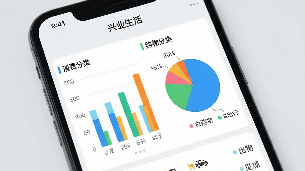 主体:手机APP账单页面特写,显示图表形式的消费分类统计,包括餐饮、购物、出行等类别,页面顶部有“兴业生活”字样。布局:手机屏幕占主体,图表清晰,背景简洁。排版:数据可视化,重点突出。风格:清新商务、数据感。细节:柱状图与饼图结合,色彩明快,背景为浅灰色。画质:高清,干净,无多余元素。