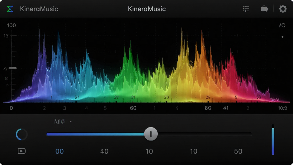 KineraMusic���������ڽ��棬Ƶ�׶�̬��ʾ����������У���ɫ������ɫ��Ч�����壬�޶���Ԫ��