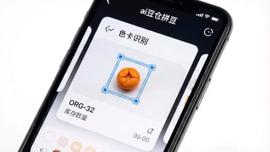 主体:手机屏幕特写,屏幕显示“ai豆仓拼豆”的色卡识别功能界面,画面中有一粒橙色拼豆被识别框选中,下方显示匹配色号“ORG-32”和库存数量。布局:手机占据画面主体,背景为纯白色,突出屏幕内容。排版:界面顶部有“色卡识别”标题,识别结果以卡片形式呈现。风格:写实UI截屏风格,界面简洁清晰。画质:高清,干净,无多余元素。