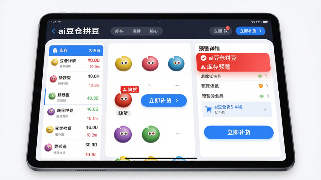 主体:平板电脑屏幕显示“ai豆仓拼豆”的库存预警界面,界面上有多个彩色圆形拼豆图标,其中一个红色图标标有“缺货”标签,旁边有“立即补货”按钮。布局:平板横放,界面左侧为库存列表,右侧为预警详情。排版:预警信息以红色高亮显示,按钮为蓝色。风格:现代商务风格,色彩对比鲜明。画质:高清,干净,无多余元素。