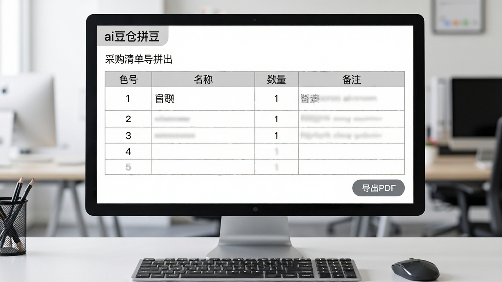 主体:电脑屏幕显示“ai豆仓拼豆”的采购清单导出界面,屏幕上有一份表格,表格列有“色号”、“名称”、“数量”、“备注”,右下角有“导出PDF”按钮。布局:屏幕居中,背景为办公室场景,键盘和鼠标可见。排版:表格线条清晰,表头为浅灰色。风格:商务办公风格,色调干净。画质:高清,干净,无多余元素。