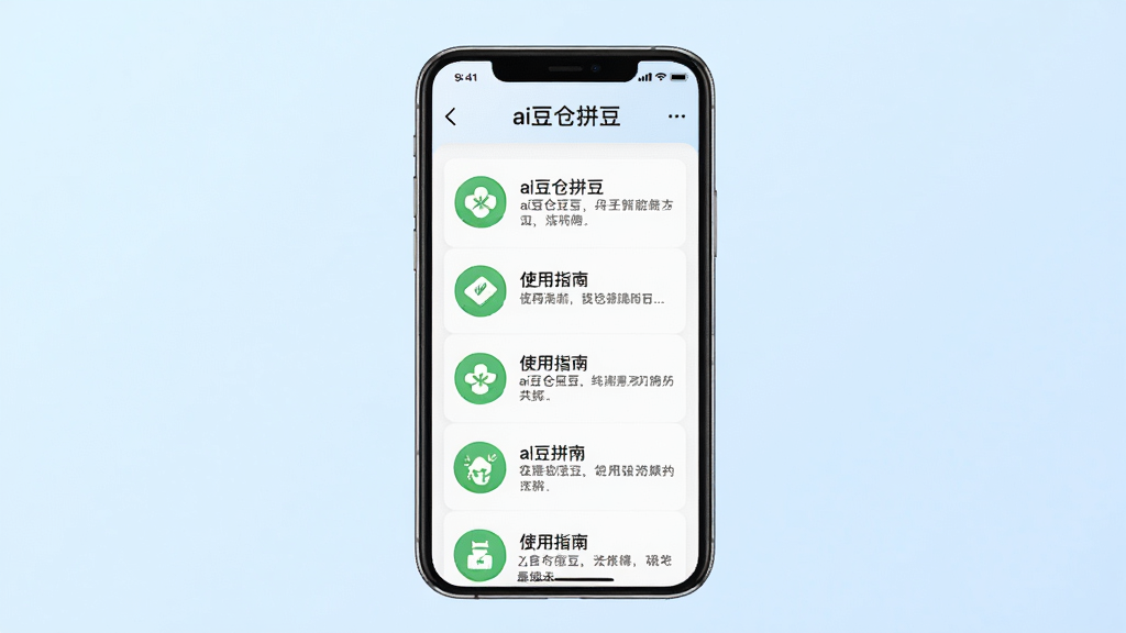 主体:手机屏幕显示“ai豆仓拼豆”的“使用指南”界面,屏幕上列出多条文字说明,并配有简单的图标。布局:手机竖屏居中,背景为淡蓝色渐变。排版:文字条目清晰,图标为绿色圆形。风格:清新简约风格。画质:高清,干净,无多余元素。