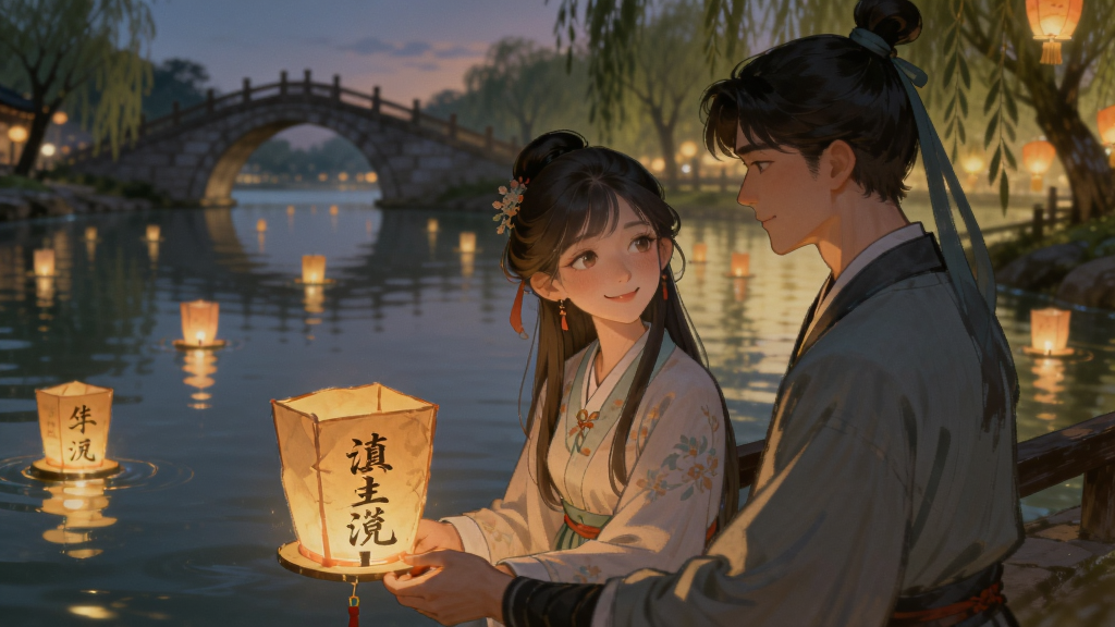 ���壺��Ϸ�е�Լ�᳡������Ů�����ںӱ߷źӵƣ�������Ư���ŵ��ƻ𡣲��֣����˲���վ�ںӱߣ�������ů���Ű棺���õ�Ӱʽ��ͼ��������͡����Ψ�������ŷ�廭��ϸ�ڣ��ӵ���д���ּ���Ů����΢Ц�������ǲ�Ŀ�࿴��Զ���й��ź����������ʣ����壬�ɾ����޶���Ԫ�ء�