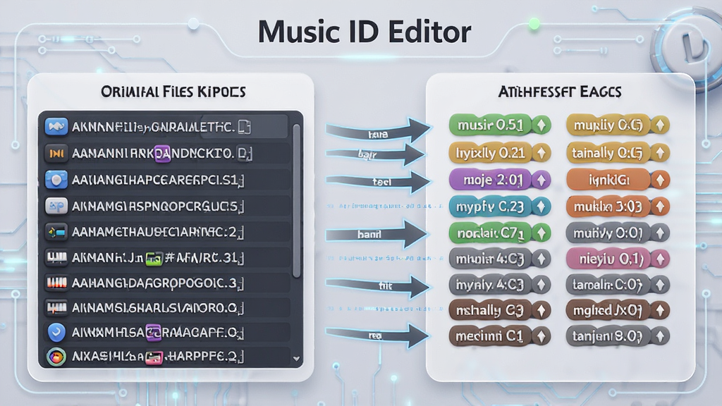 һ��չʾMusic ID Editor�ļ����������ܵ�ʾ��ͼ�����Ϊԭʼ�ļ����б����Ҳ�Ϊ������ı�ǩ��Ϣ����ͷ���ӱ�ʾת�����̣�����Ϊǳ��ɫ�Ƽ���񣬰�����Music ID Editor�����֣����ʸɾ���ϸ�ڷḻ