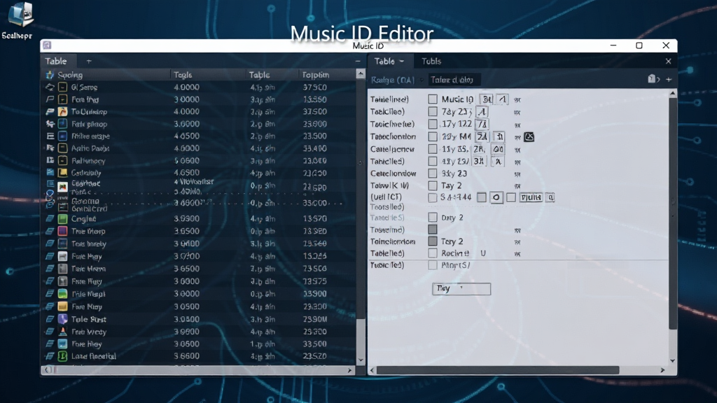 һ���ִ���Լ���ĵ��������ͼ����ʾMusic ID Editor���������棬���Ϊ�����б����Ҳ�Ϊ��ϸ�ı�ǩ�༭��壬����Ϊ����ɫ�Ƽ��н��䣬���岼�����������ֱ�ע��Music ID Editor�����������ʸ��壬�ɾ��޶���Ԫ��