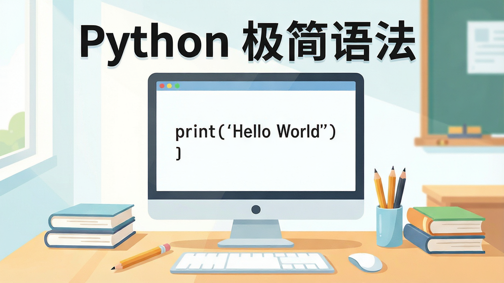 һ�������ɾ��Ľ��ҳ����廭��������һ��������Ļ����Ļ����ʾ�򵥵�Python���롰print('Hello World')������Χ���鱾��Ǧ�ʣ����岼�־��У��Ű�������������£����ʸɾ����޶���Ԫ�أ�ͼƬ�Ͽɼ����֡�Python �����﷨��