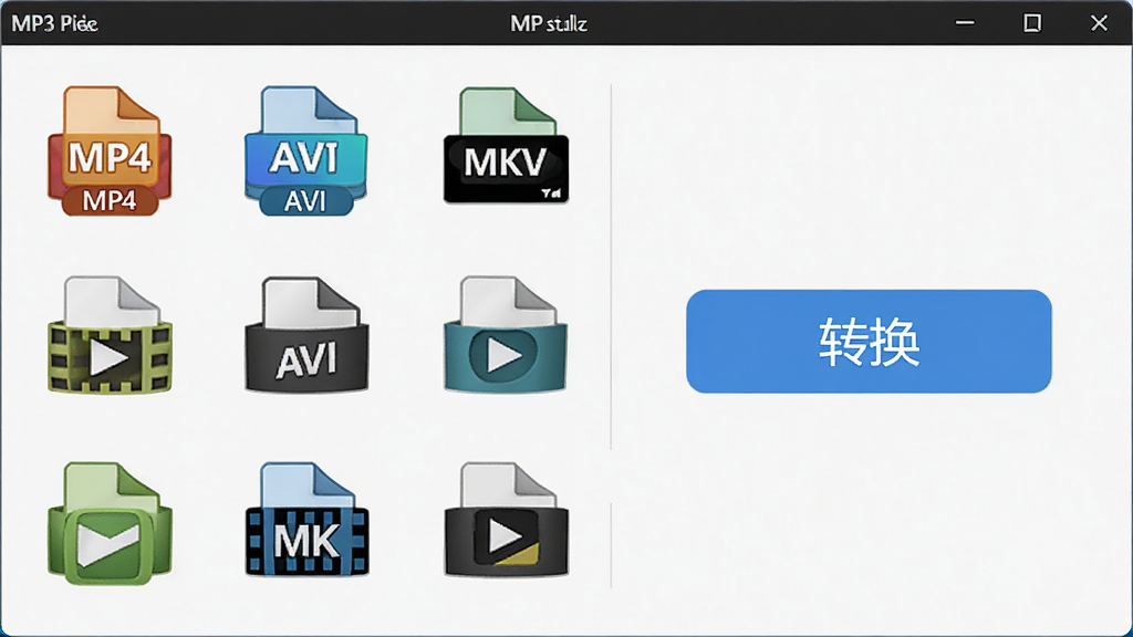 ����ΪMP3��ȡת�����������棬չʾ������Ƶ�ļ���ʽͼ�꣨MP4��AVI��MKV����������࣬�Ҳ��С�ת������ť�������࣬���ֹ���������ִ���ϸ�����������ʸ��壬�ɾ��޶���Ԫ��