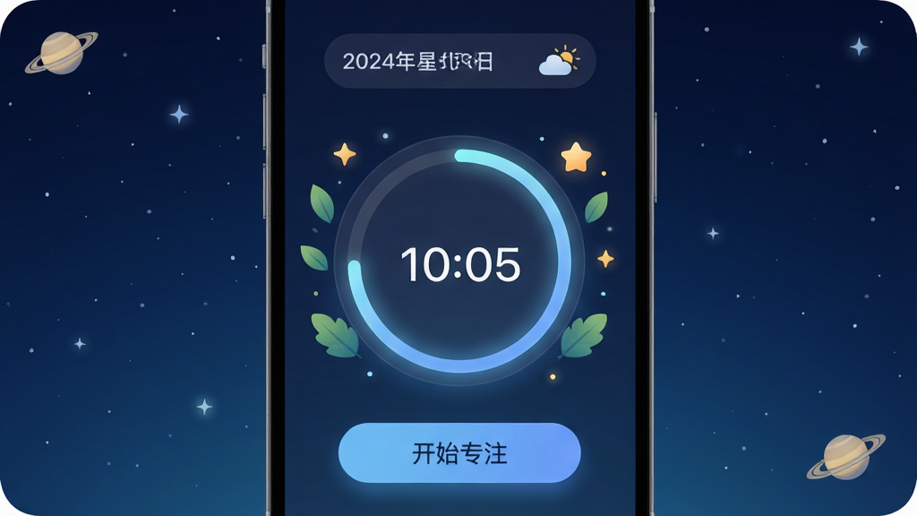 ���壺���Ǽƻ�App��רעģʽ���棬������һ��Բ�μ�ʱ������Χ����Ҷ������װ�Ρ����֣��ֻ��������У�����Ϊ����ɫ�ǿս��䣬Ӫ�������С��Ű棺��ʱ���·���ʾ����ʼרע����ť���Ϸ������ں�����ͼ�ꡣ��񣺼�Լ�Ƽ��磬������͹�Ч��ϸ�ڣ���ʱ����Ե�з�����Ȼ�������������ͼ�ꡣ���ʣ�������Ⱦ������ɾ����޶���Ԫ�ء�